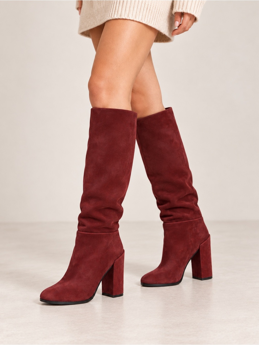 Tommy Hilfiger Stephanie Burgundy Suede Fold-Over Tall Boots Chunky Heel